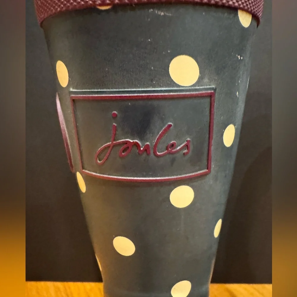 Joules Molly Welly Mid Calf Navy Rain Boots White Polka Dot Burgundy Trim Size 8 - Picture 3 of 16